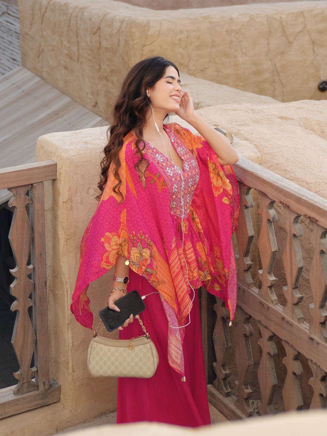 Pink Printed Crepe A-Line Kurta Set