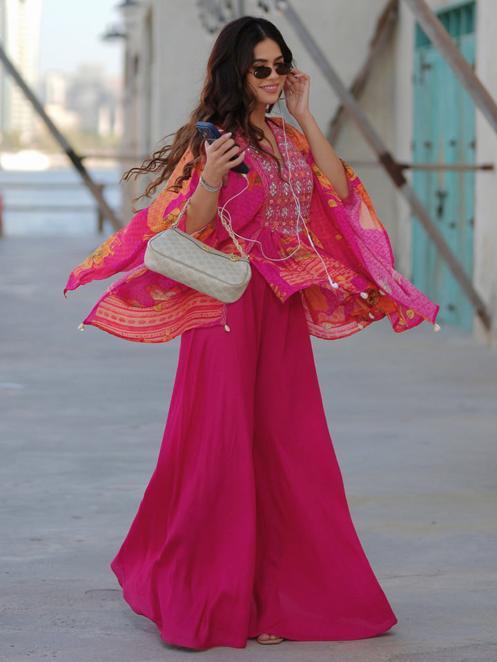 Pink Printed Crepe A-Line Kurta Set