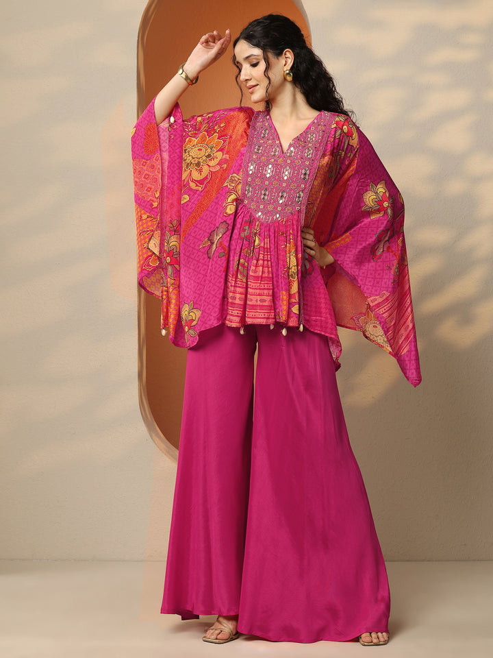 Libas Art Pink Printed Crepe A-Line Kurta Set