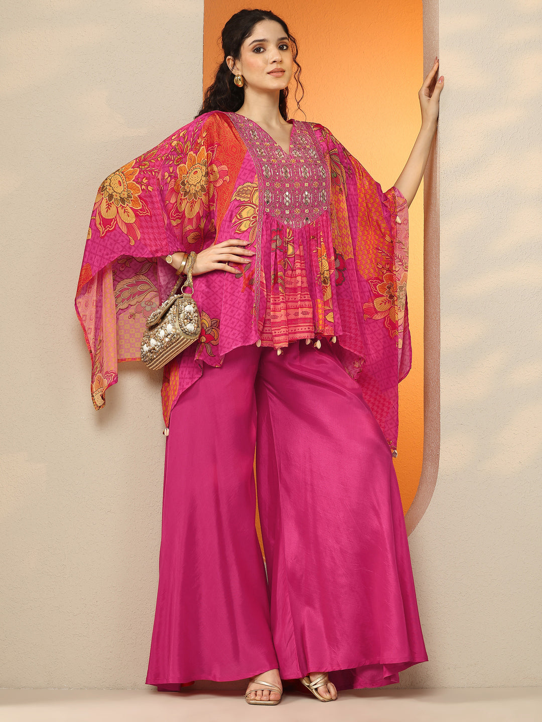 Libas Art Pink Printed Crepe A-Line Kurta Set