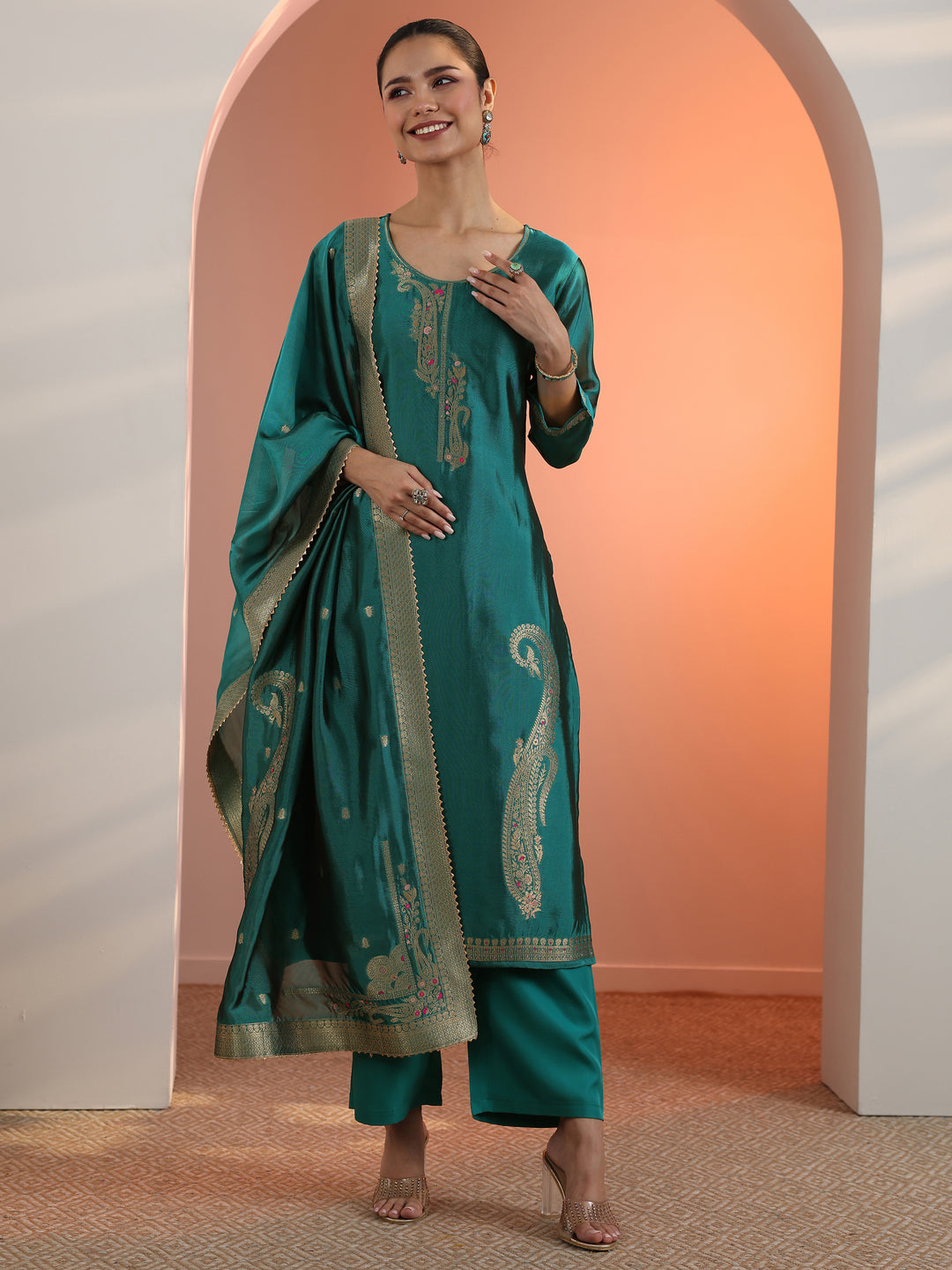 Teal Woven Design Silk Blend Straight Suit Set With Dupatta