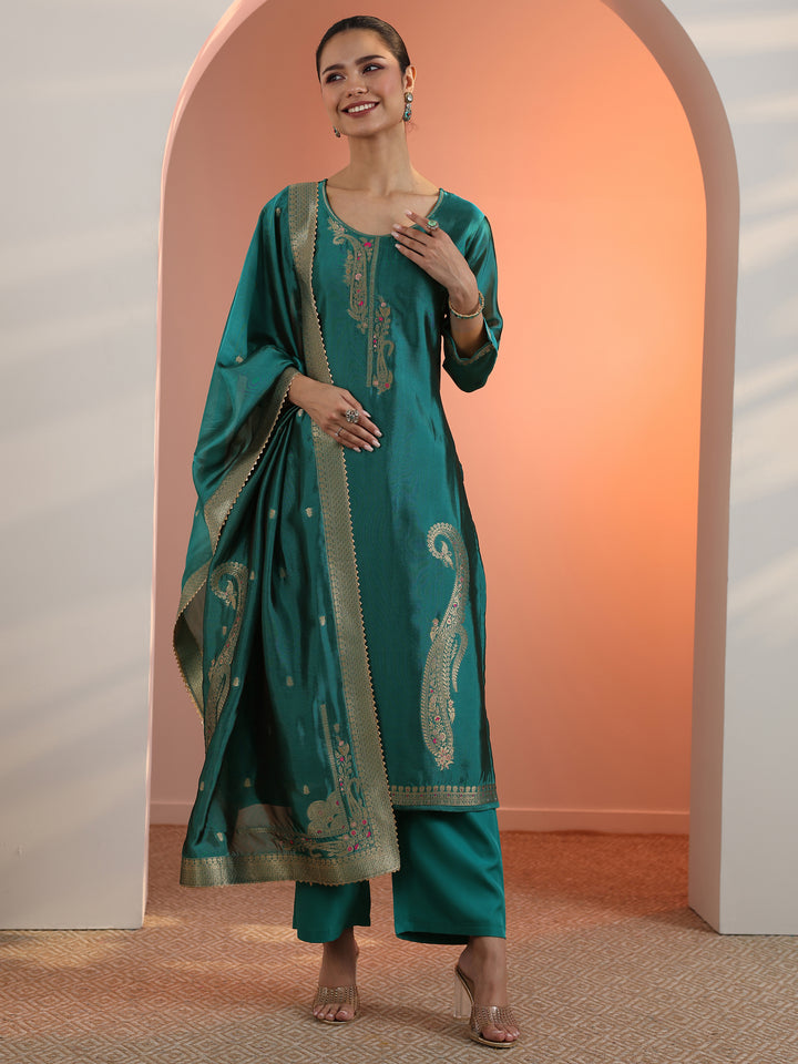 Teal Woven Design Silk Blend Straight Suit Set With Dupatta