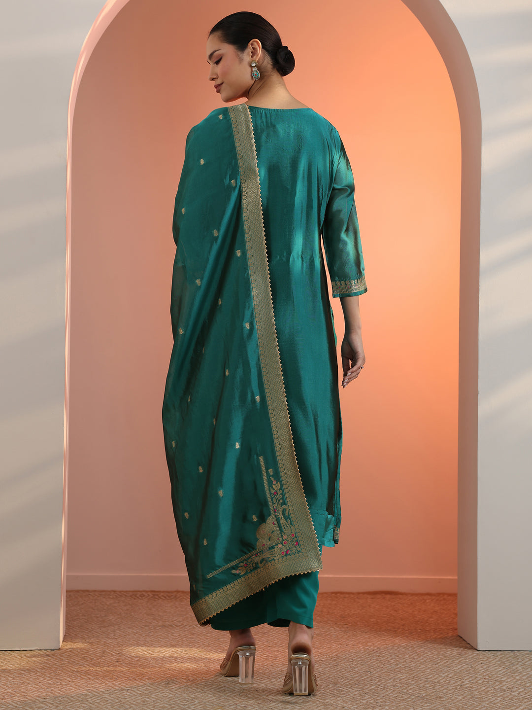 Teal Woven Design Silk Blend Straight Suit Set With Dupatta