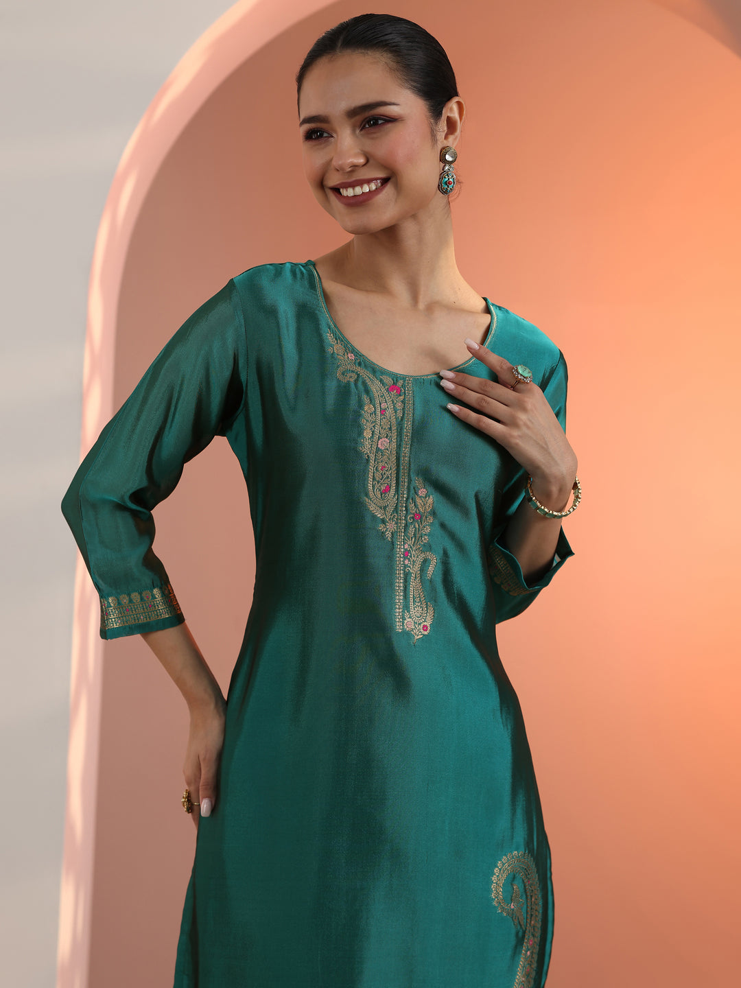 Teal Woven Design Silk Blend Straight Suit Set With Dupatta