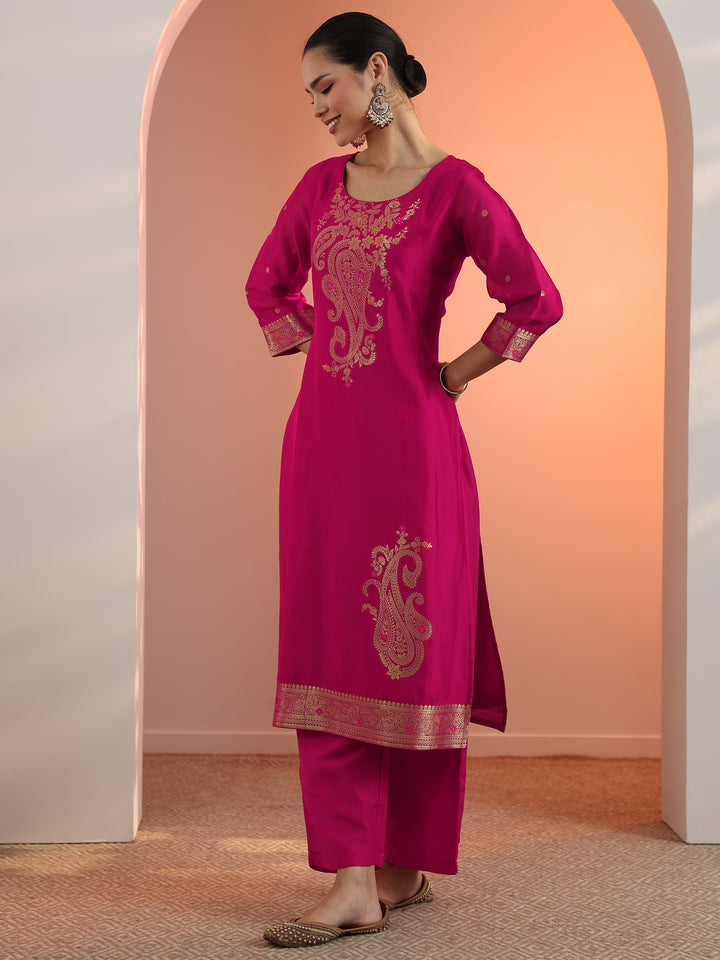 Pink Woven Design Silk Blend Straight Suit Set With Dupatta