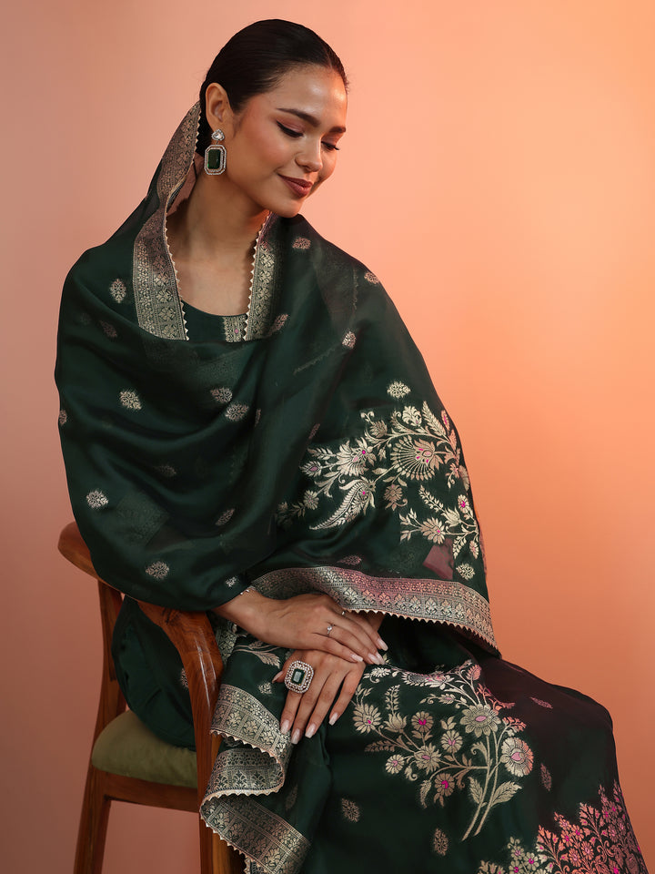 Green Woven Design Silk Blend Straight Suit Set With Dupatta