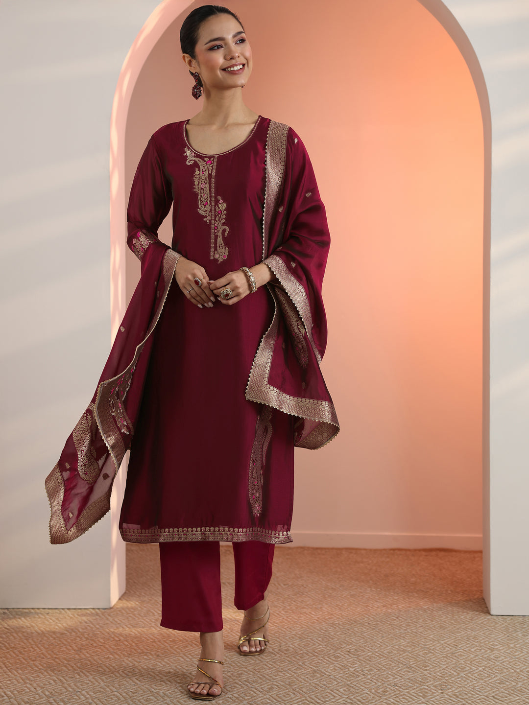 Maroon Woven Design Silk Blend Straight Suit Set With Dupatta