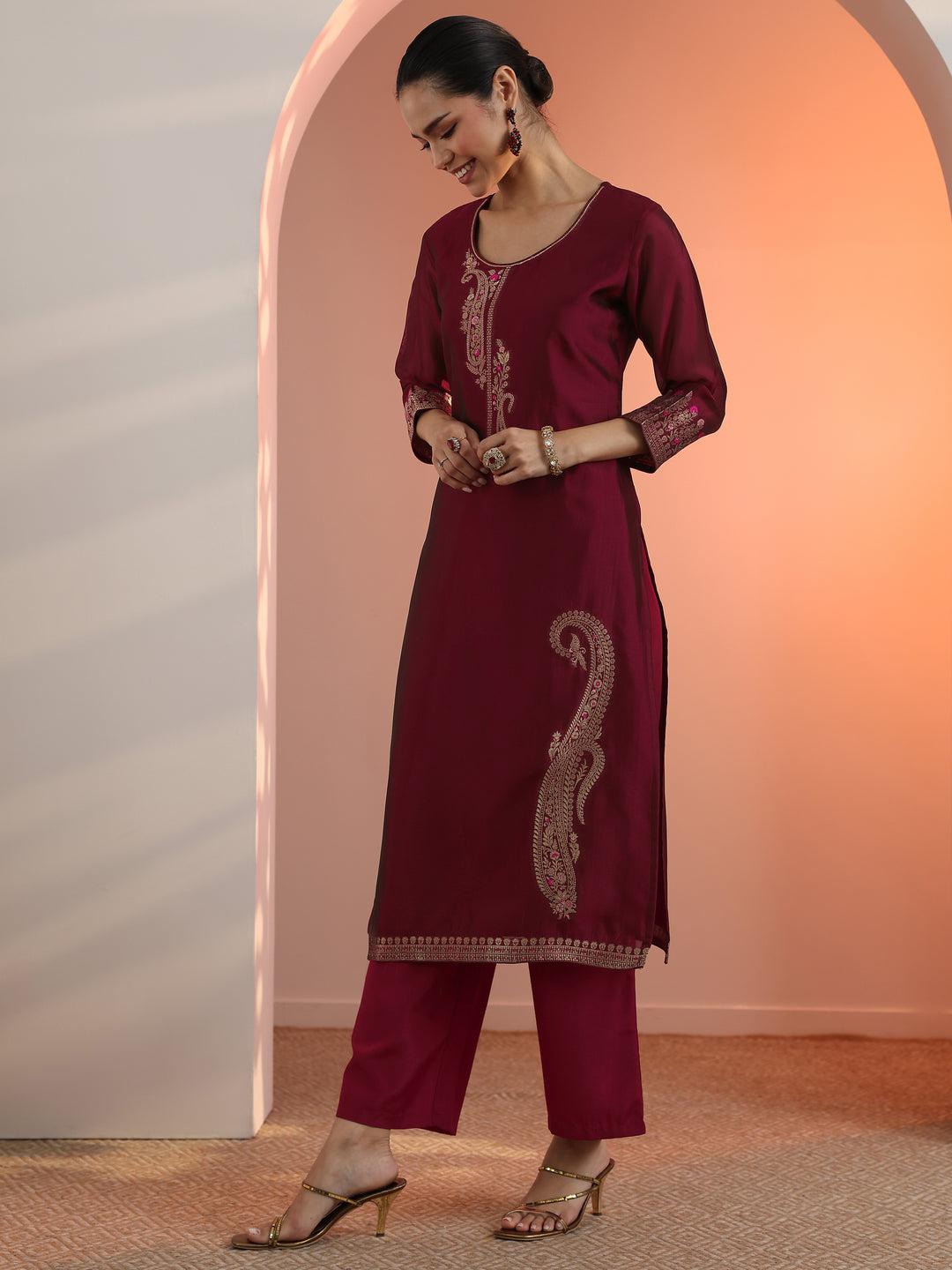 Maroon Woven Design Silk Blend Straight Suit Set With Dupatta