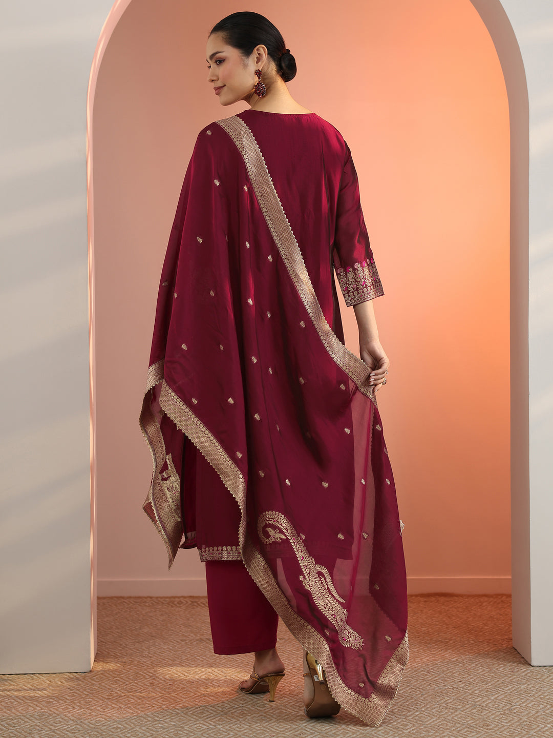 Maroon Woven Design Silk Blend Straight Suit Set With Dupatta