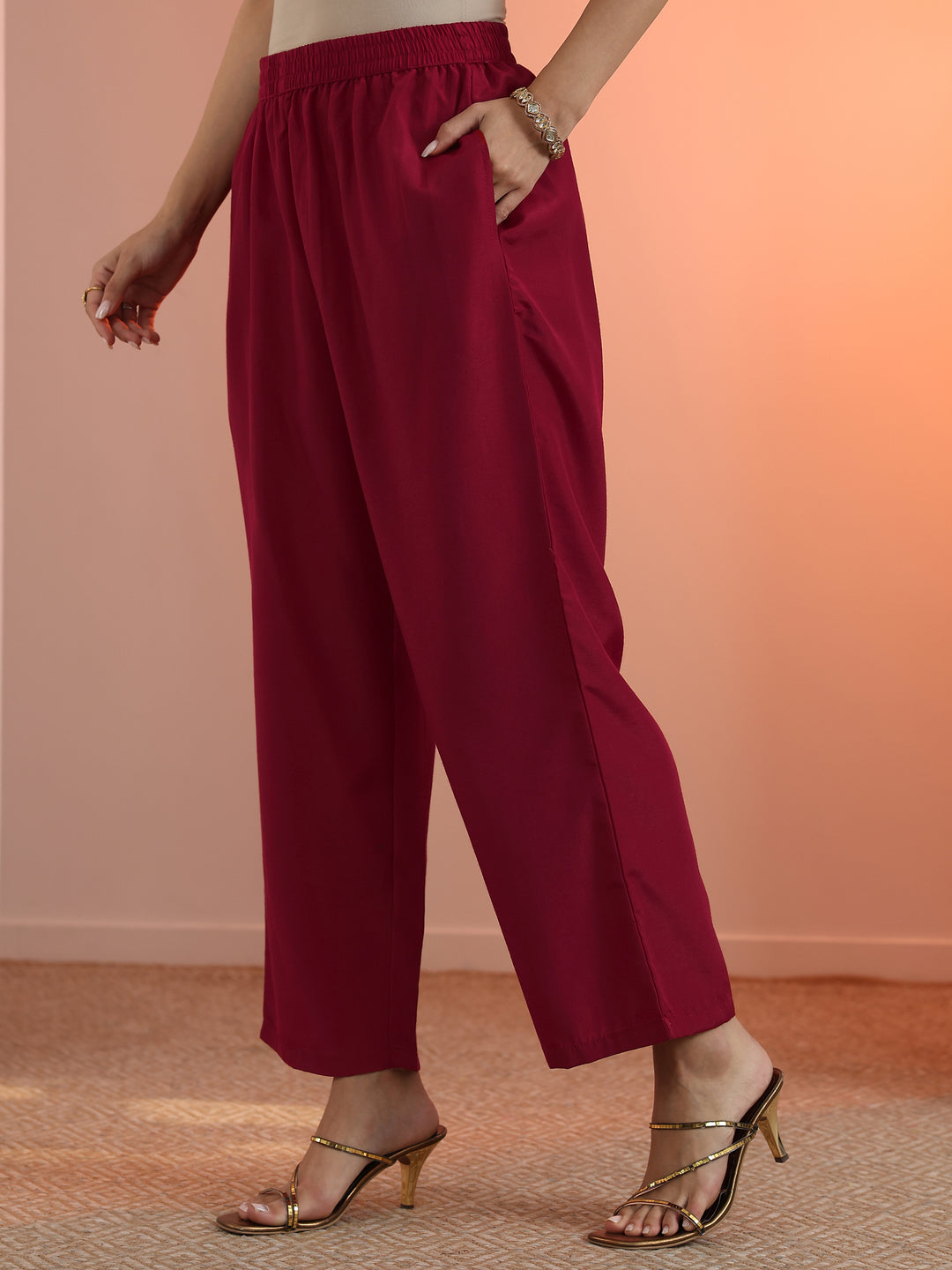 Maroon Woven Design Silk Blend Straight Suit Set With Dupatta