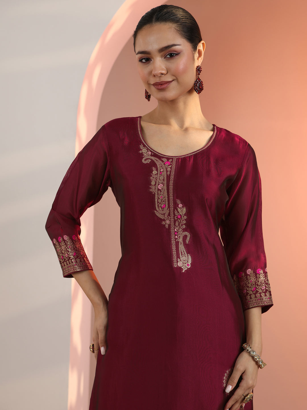 Maroon Woven Design Silk Blend Straight Suit Set With Dupatta