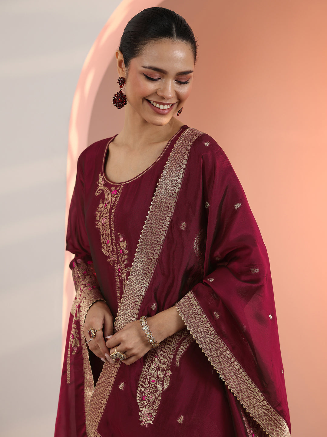 Maroon Woven Design Silk Blend Straight Suit Set With Dupatta