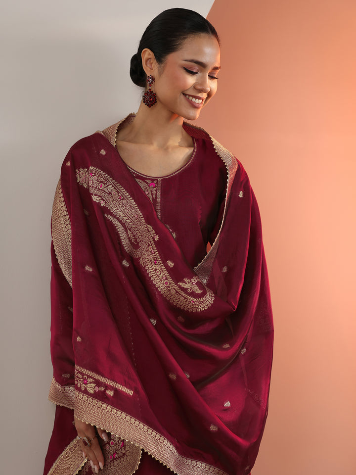 Maroon Woven Design Silk Blend Straight Suit Set With Dupatta