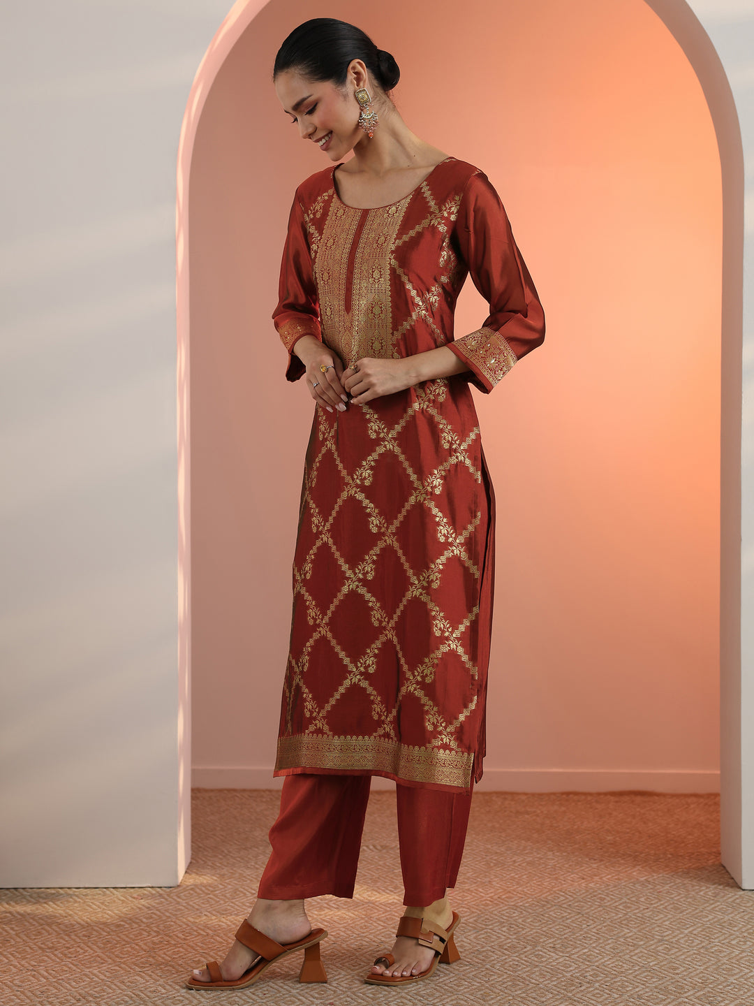 Rust Woven Design Silk Blend Straight Suit Set With Dupatta