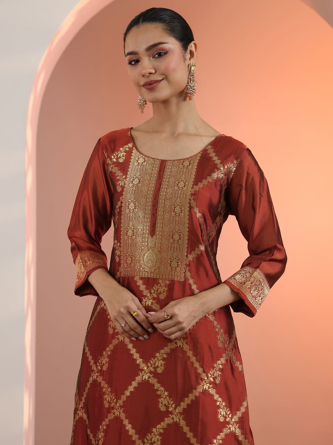 Rust Woven Design Silk Blend Straight Suit Set With Dupatta