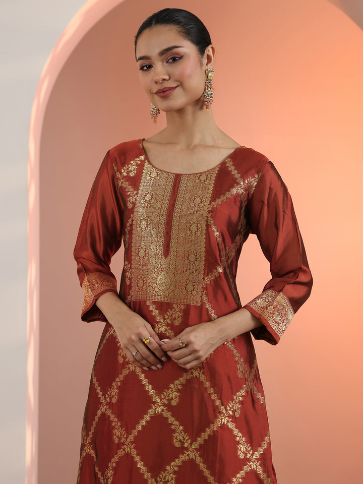 Rust Woven Design Silk Blend Straight Suit Set With Dupatta