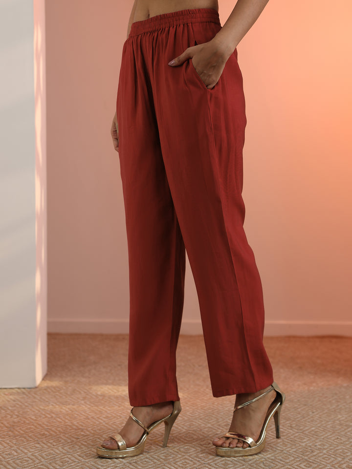 Rust Woven Design Silk Blend Straight Suit Set With Dupatta