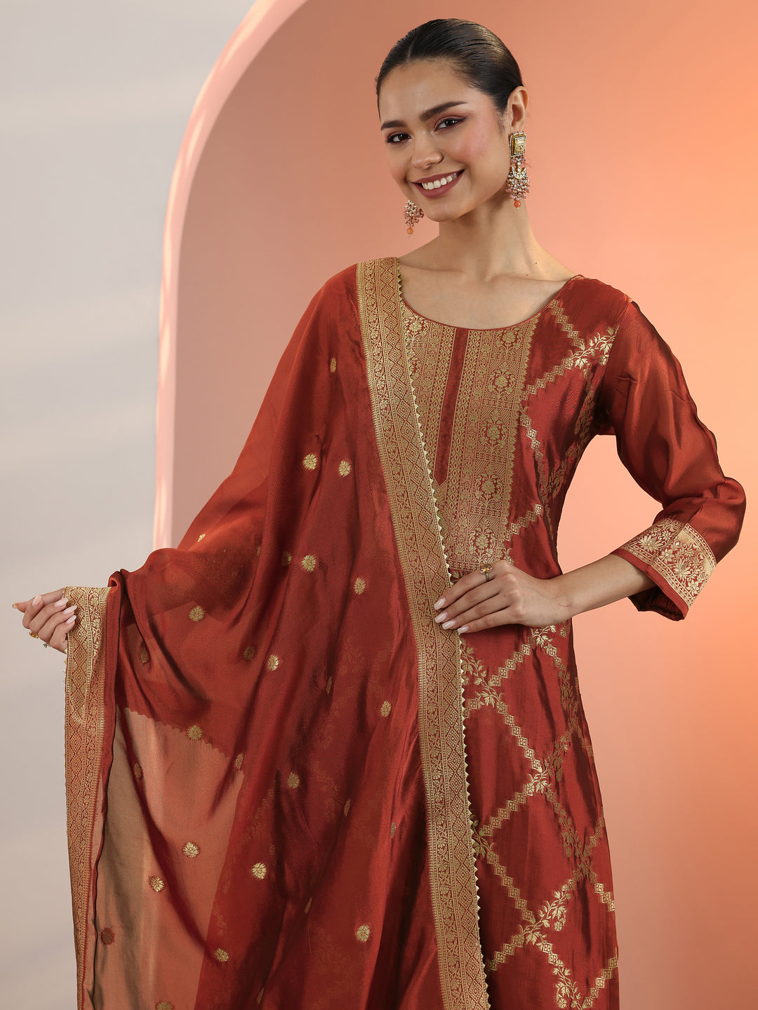 Rust Woven Design Silk Blend Straight Suit Set With Dupatta
