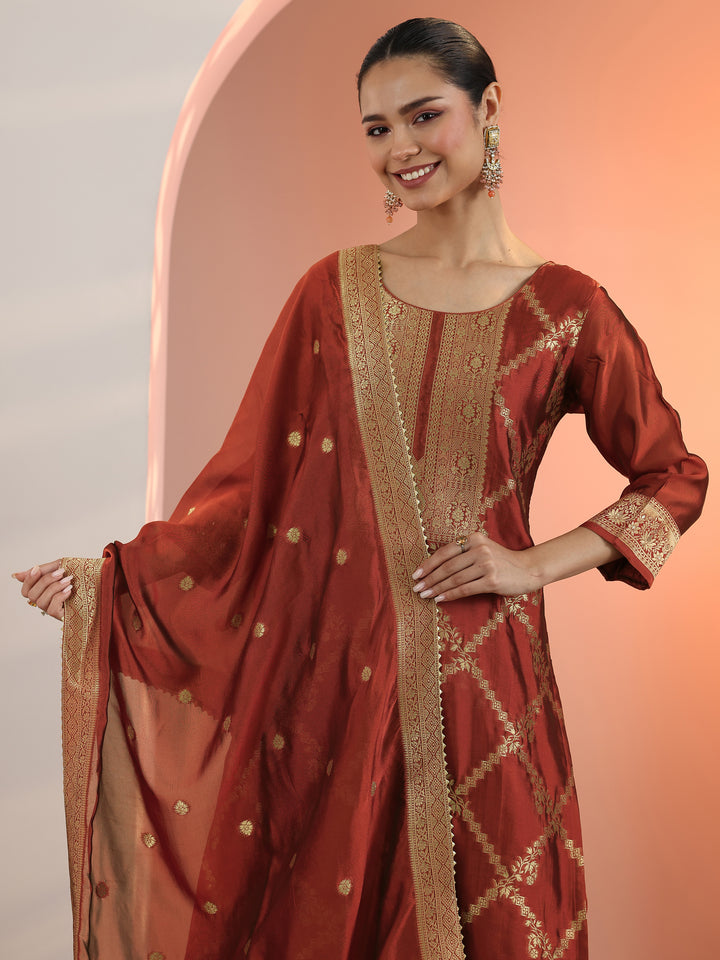 Rust Woven Design Silk Blend Straight Suit Set With Dupatta