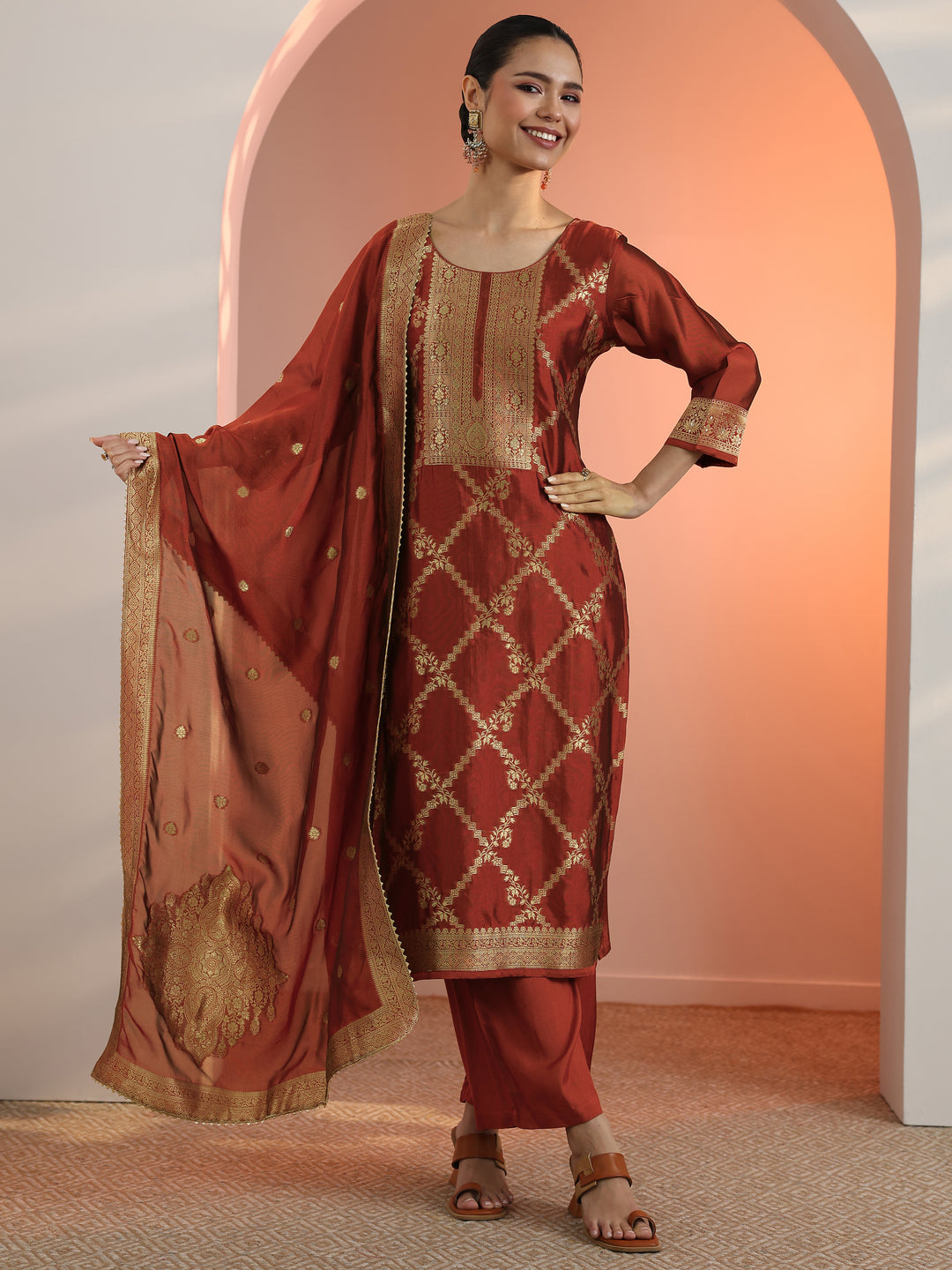 Rust Woven Design Silk Blend Straight Suit Set With Dupatta