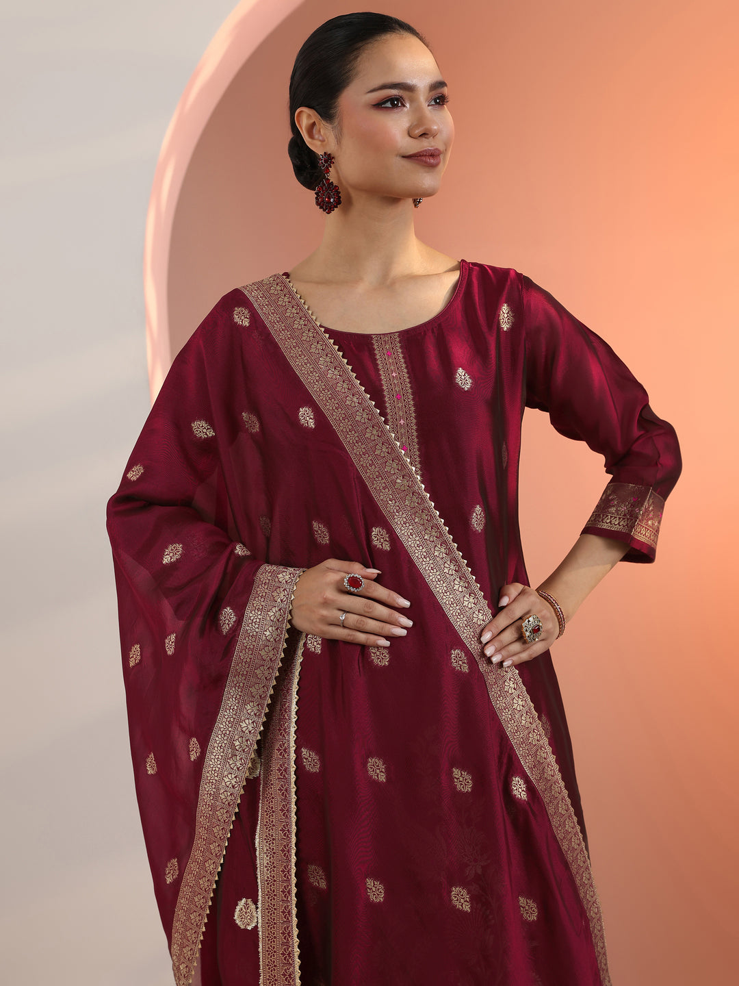 Maroon Woven Design Silk Blend Straight Suit Set With Dupatta