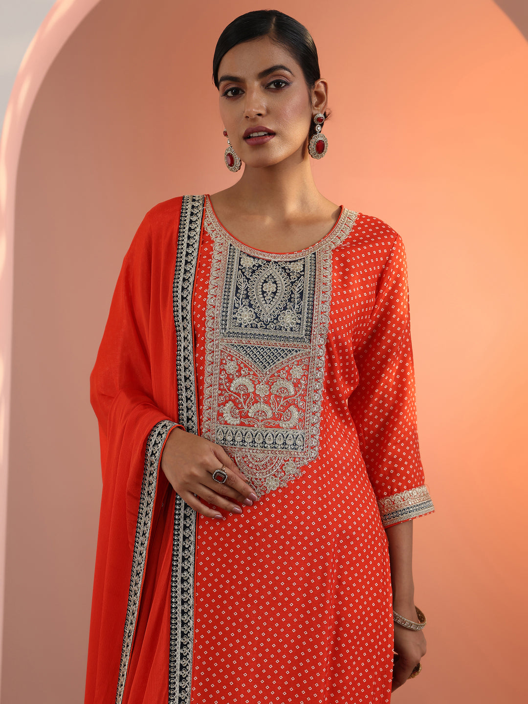 Orange Printed Silk Blend Straight Suit Set With Dupatta