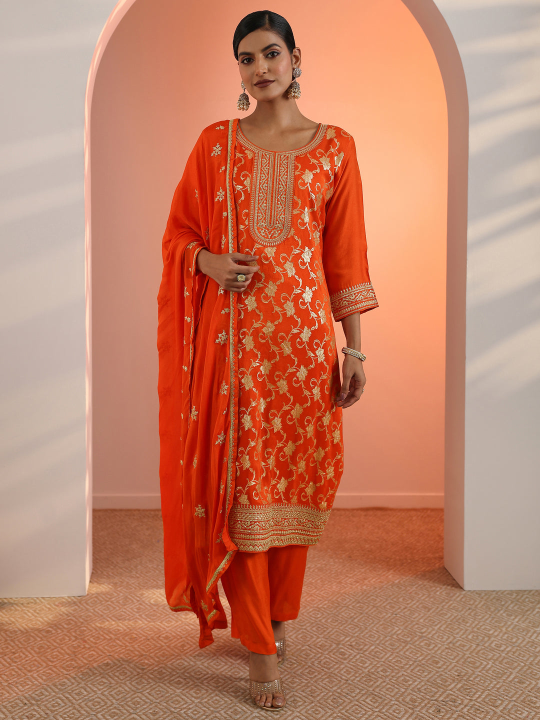 Orange Woven Design Silk Blend Straight Suit Set With Dupatta