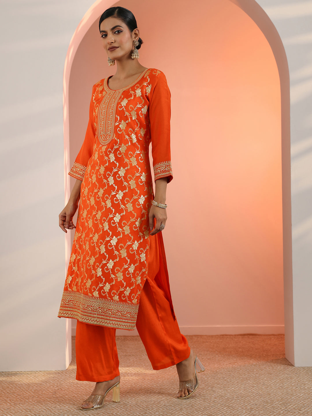 Orange Woven Design Silk Blend Straight Suit Set With Dupatta
