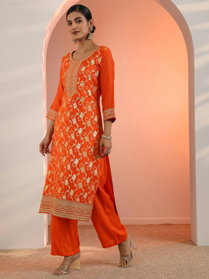 Orange Woven Design Silk Blend Straight Suit Set With Dupatta