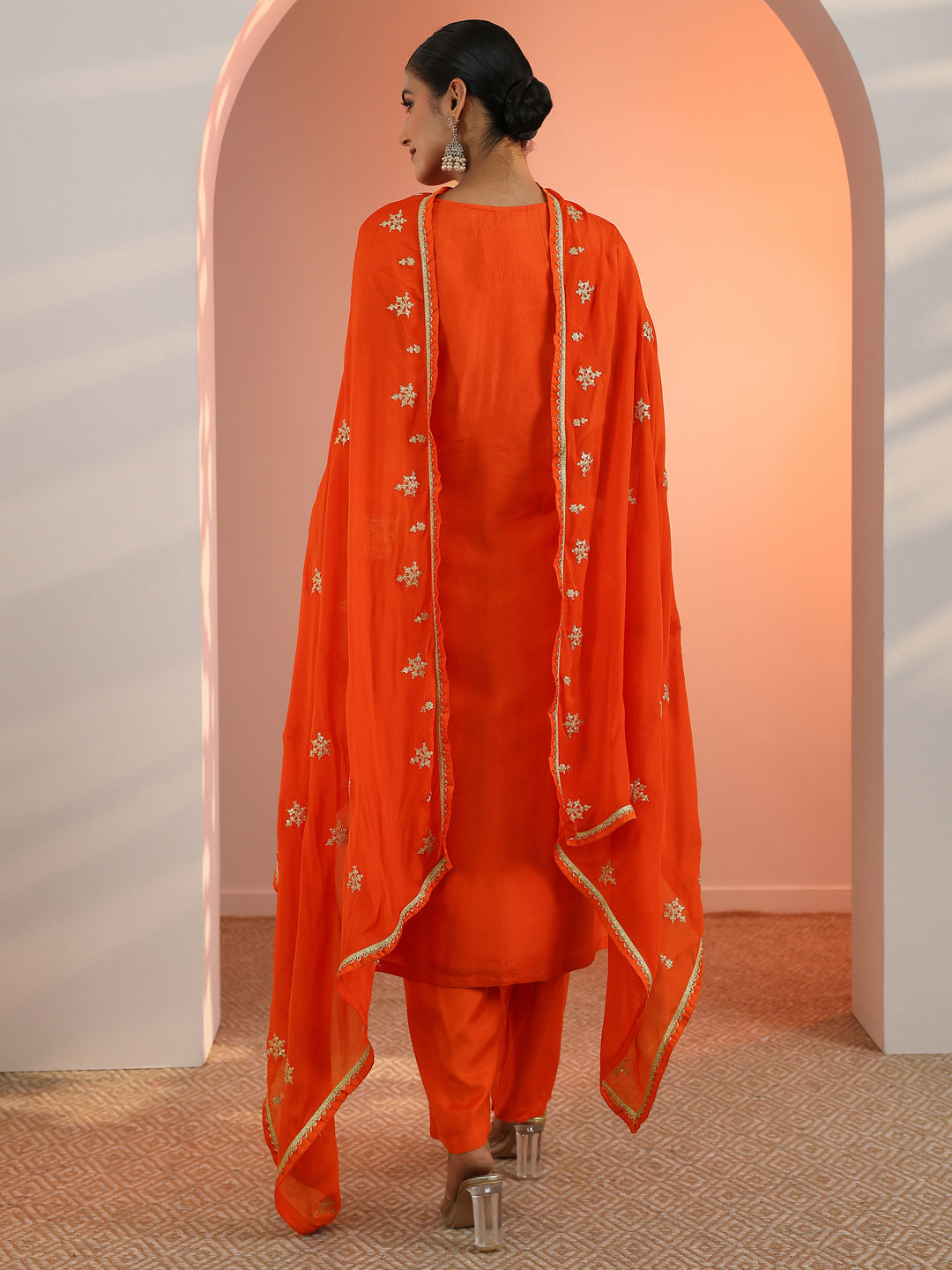 Orange Woven Design Silk Blend Straight Suit Set With Dupatta