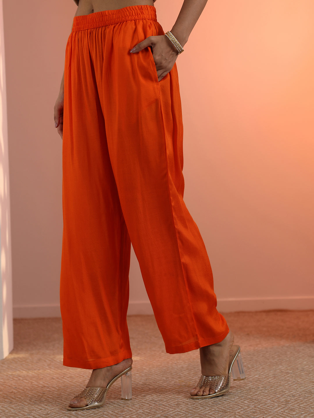 Orange Woven Design Silk Blend Straight Suit Set With Dupatta