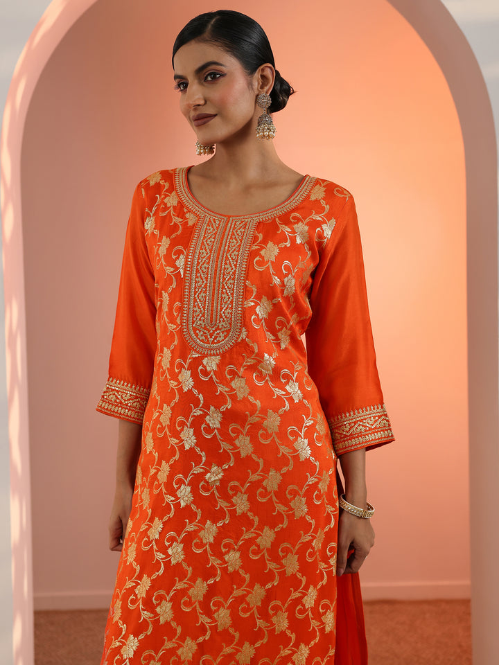 Orange Woven Design Silk Blend Straight Suit Set With Dupatta