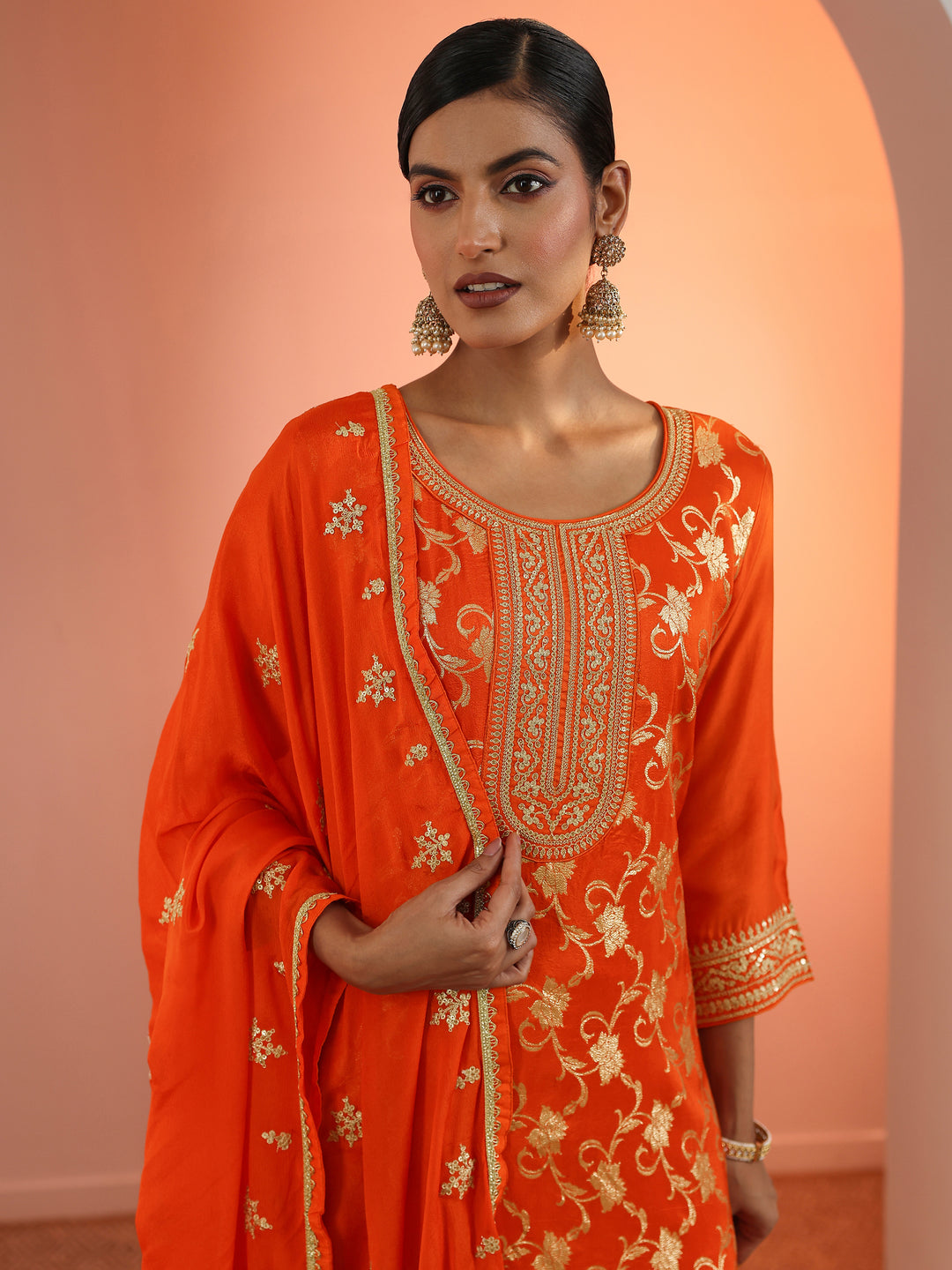 Orange Woven Design Silk Blend Straight Suit Set With Dupatta