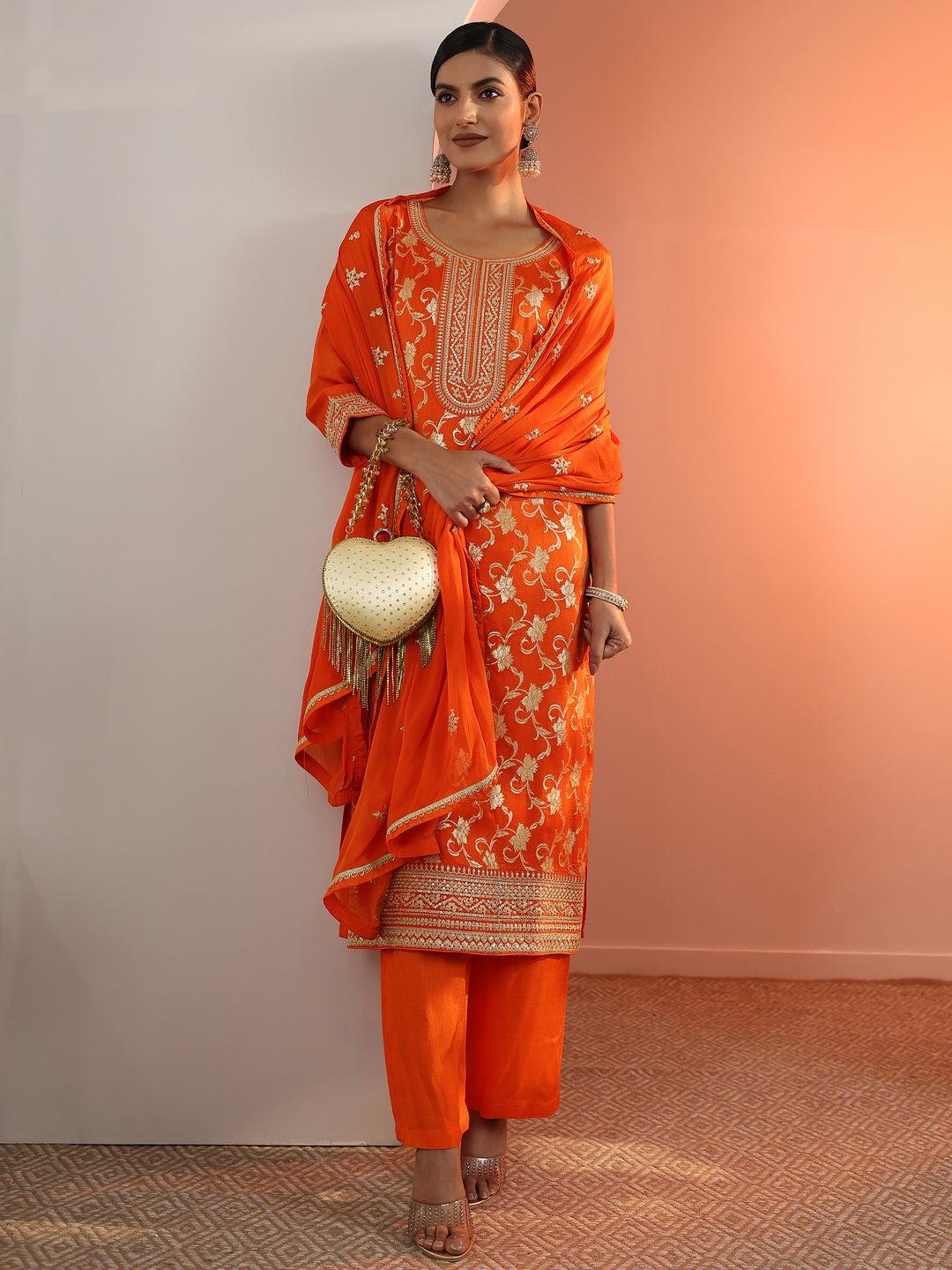 Orange Woven Design Silk Blend Straight Suit Set With Dupatta