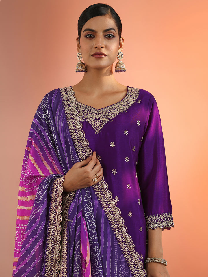 Purple Embroidered Chinon Straight Suit Set With Dupatta