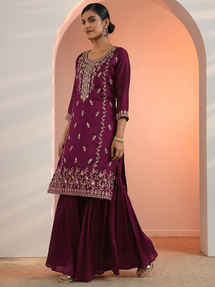 Burgundy Embroidered Chinon Straight Suit Set With Dupatta