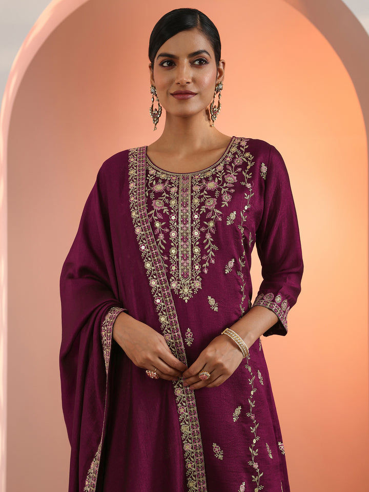 Burgundy Embroidered Chinon Straight Suit Set With Dupatta