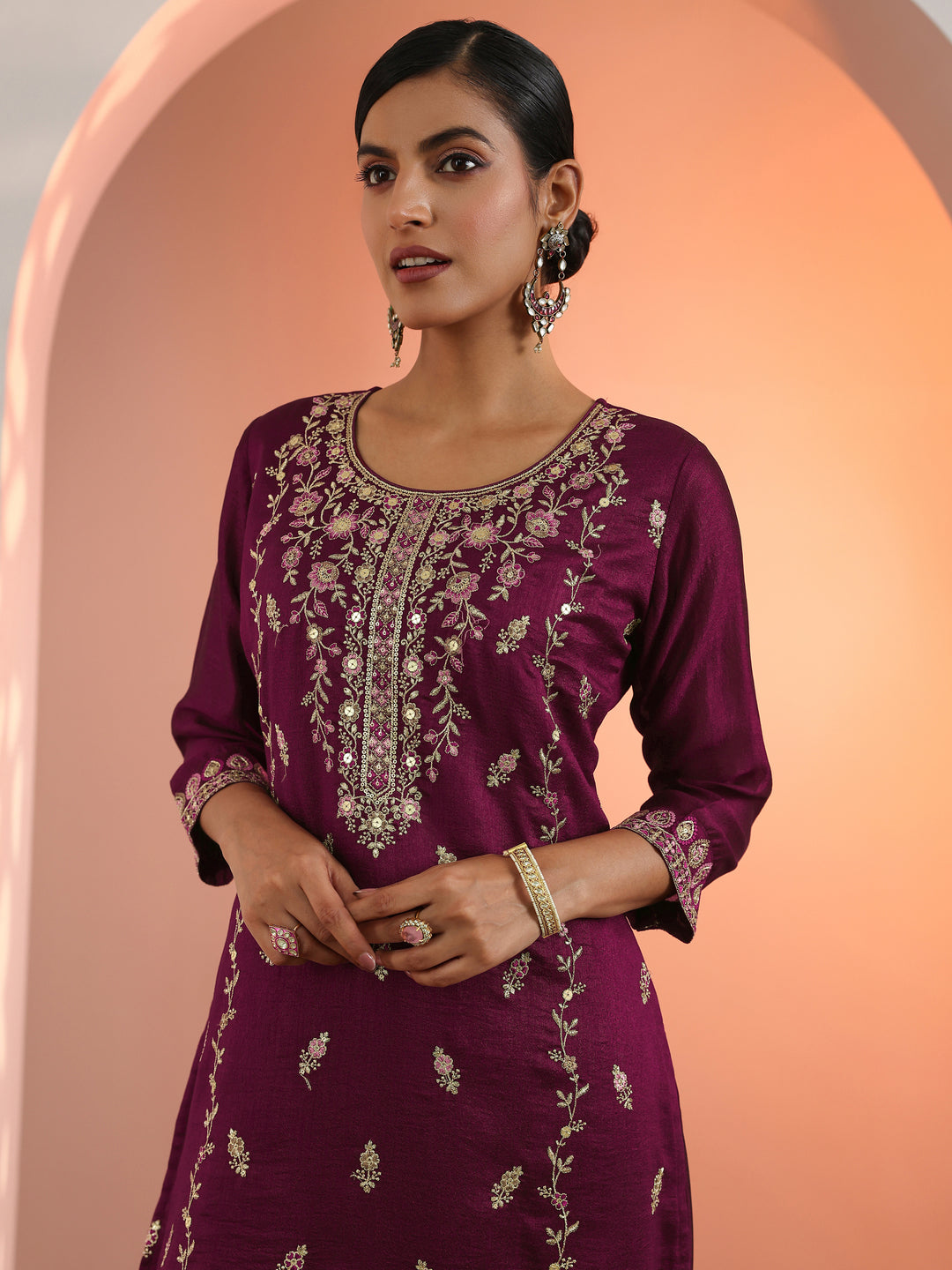 Burgundy Embroidered Chinon Straight Suit Set With Dupatta