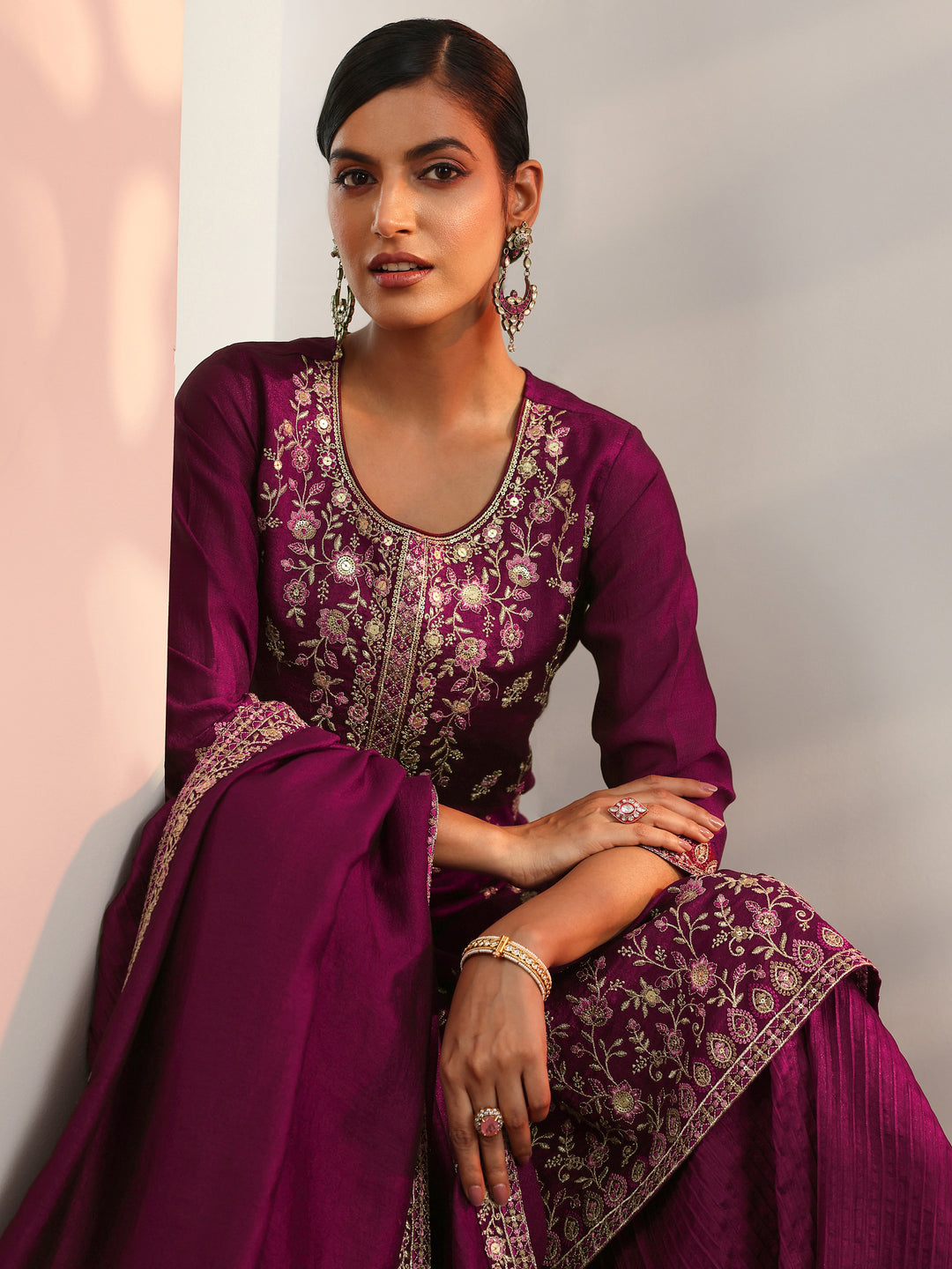 Burgundy Embroidered Chinon Straight Suit Set With Dupatta