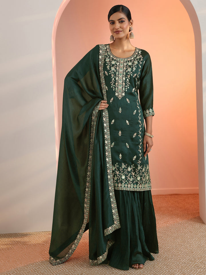 Green Embroidered Chinon Straight Suit Set With Dupatta