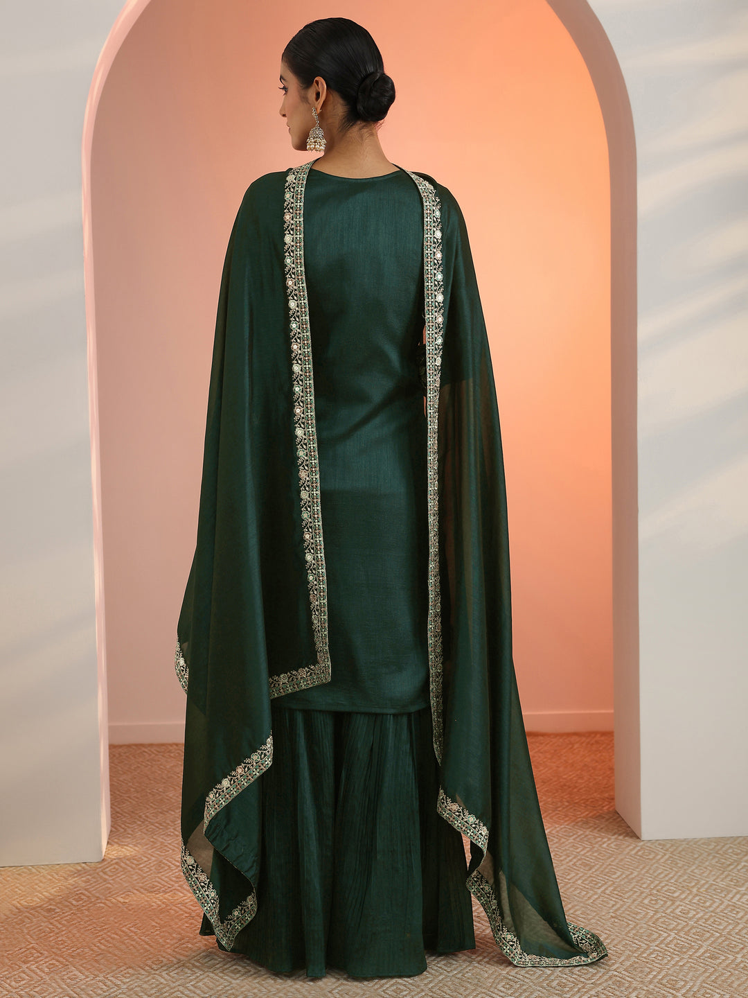 Green Embroidered Chinon Straight Suit Set With Dupatta
