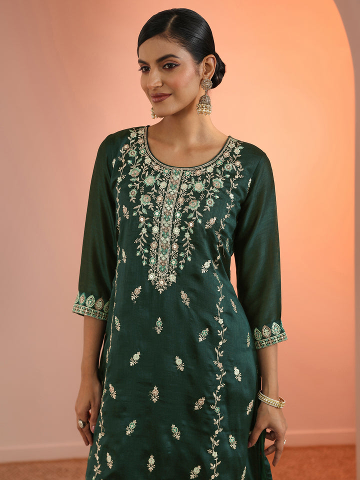 Green Embroidered Chinon Straight Suit Set With Dupatta