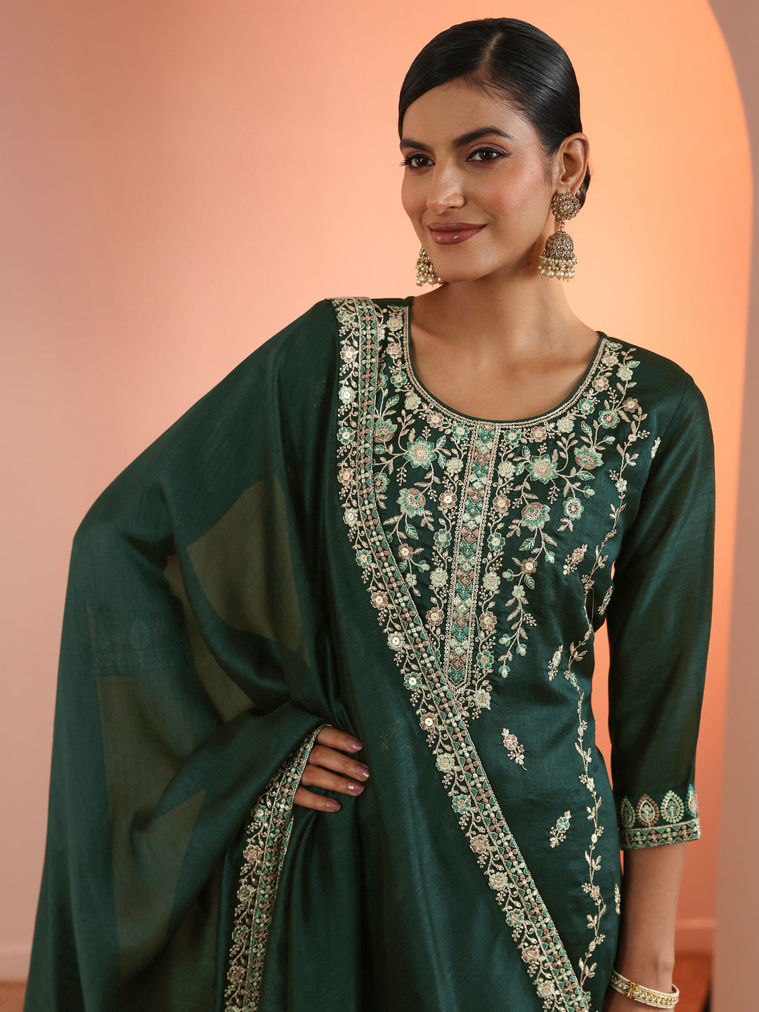 Green Embroidered Chinon Straight Suit Set With Dupatta