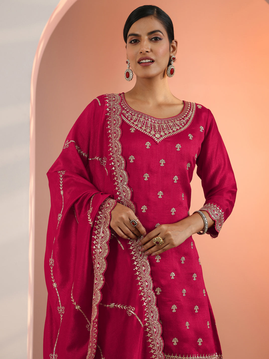 Red Embroidered Chinon Straight Suit Set With Dupatta