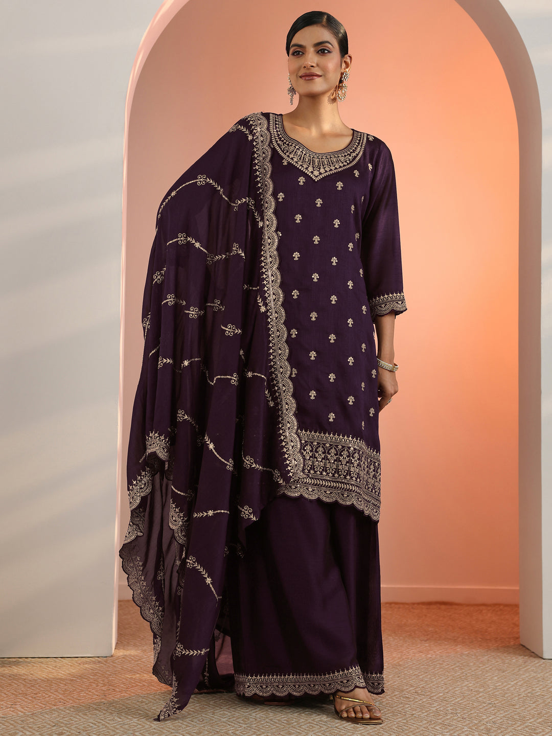 Purple Embroidered Chinon Straight Suit Set With Dupatta