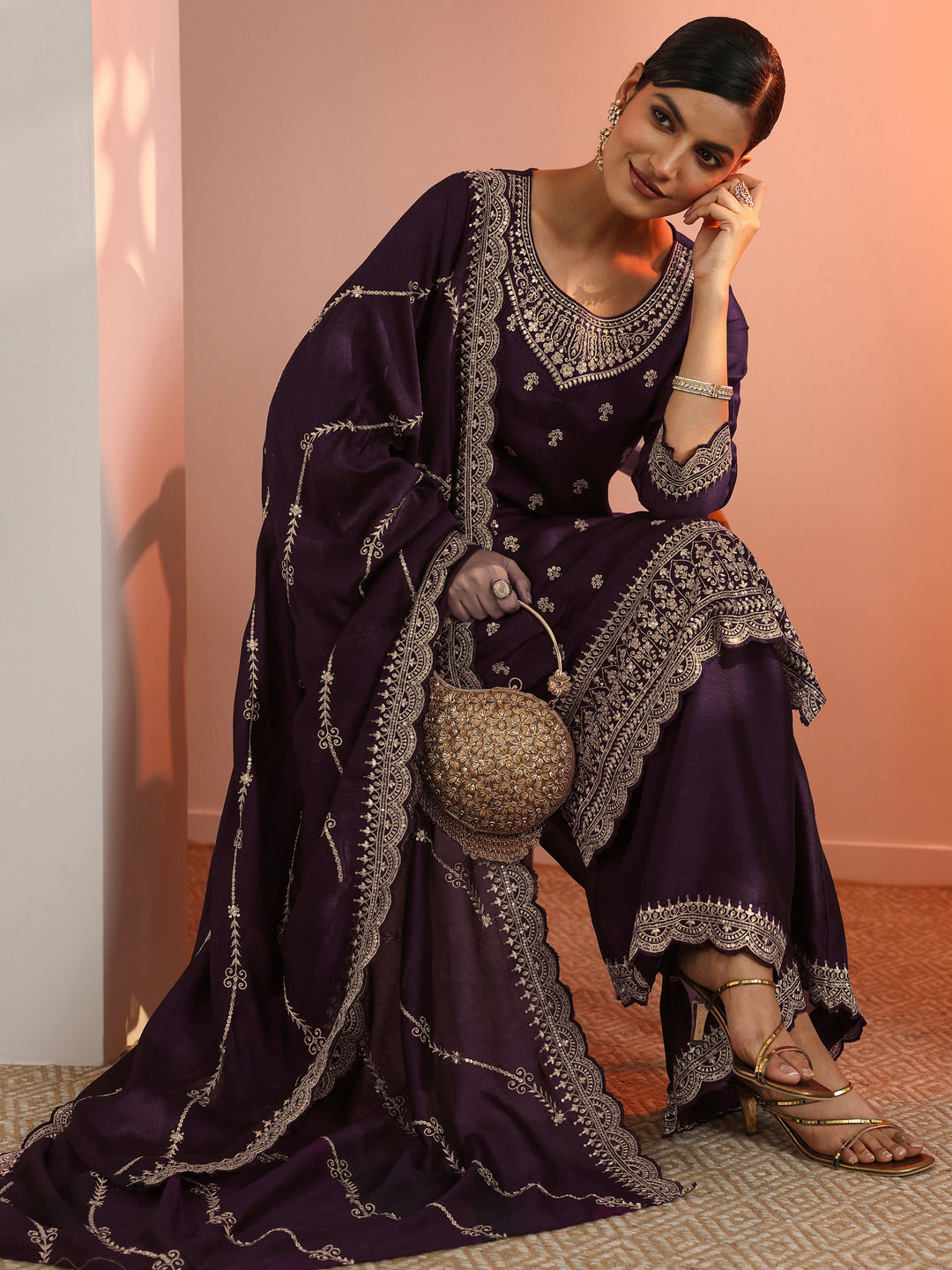 Purple Embroidered Chinon Straight Suit Set With Dupatta