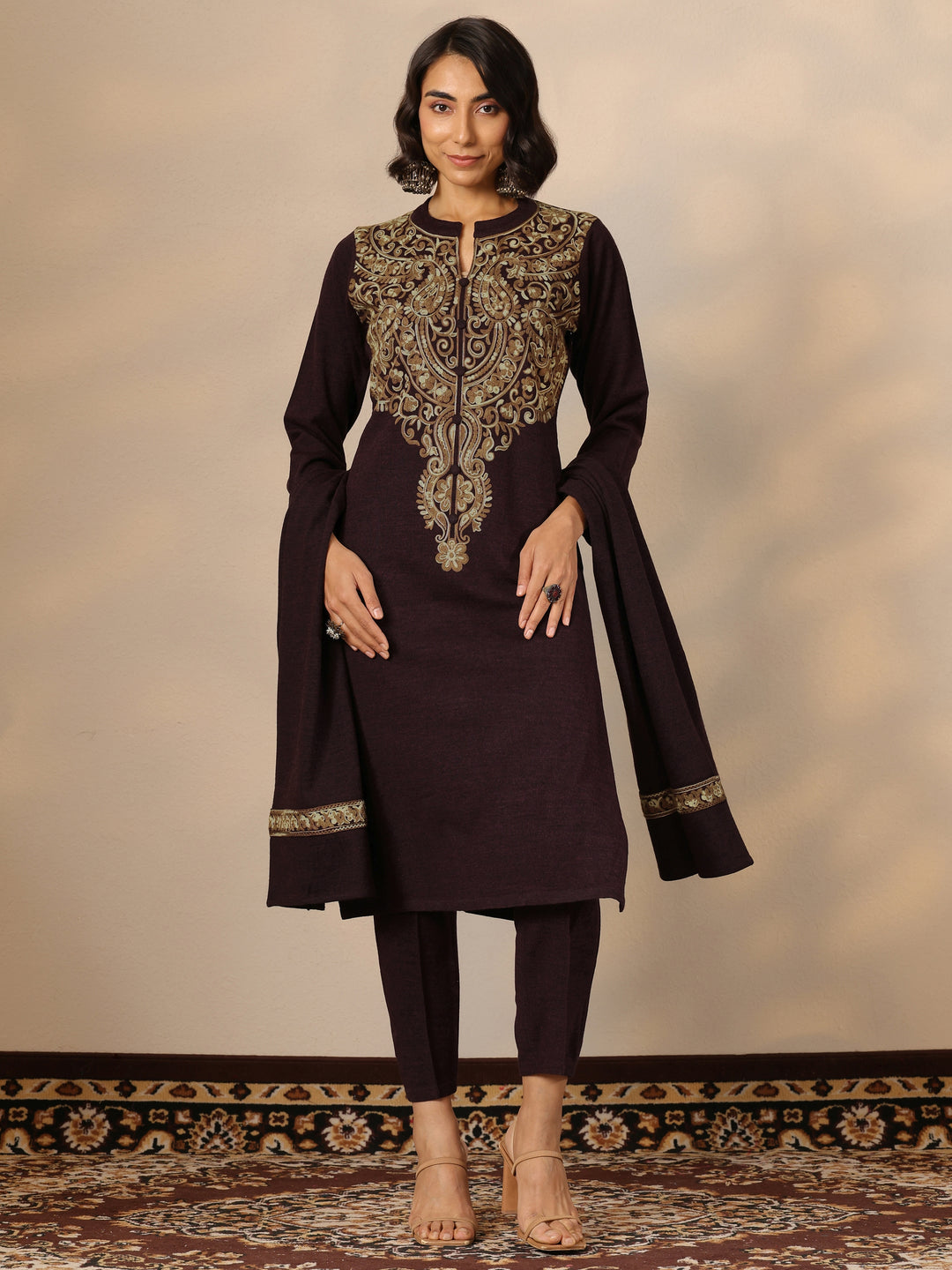 Burgundy Embroidered Wool Straight Suit Set With Dupatta