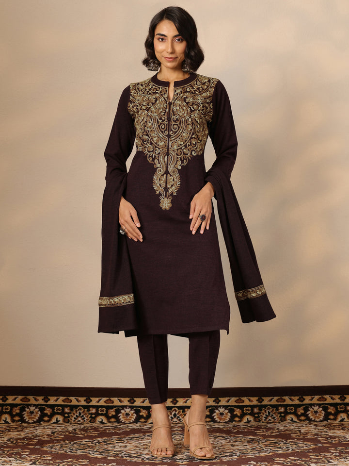 Burgundy Embroidered Wool Straight Suit Set With Dupatta