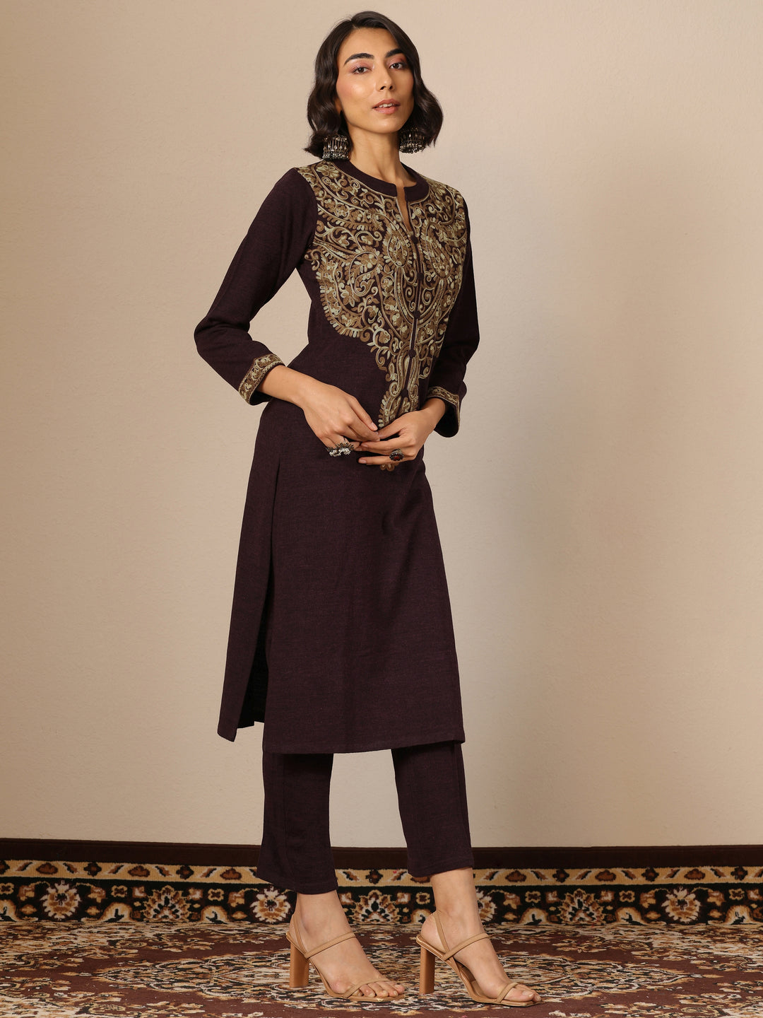 Burgundy Embroidered Wool Straight Suit Set With Dupatta