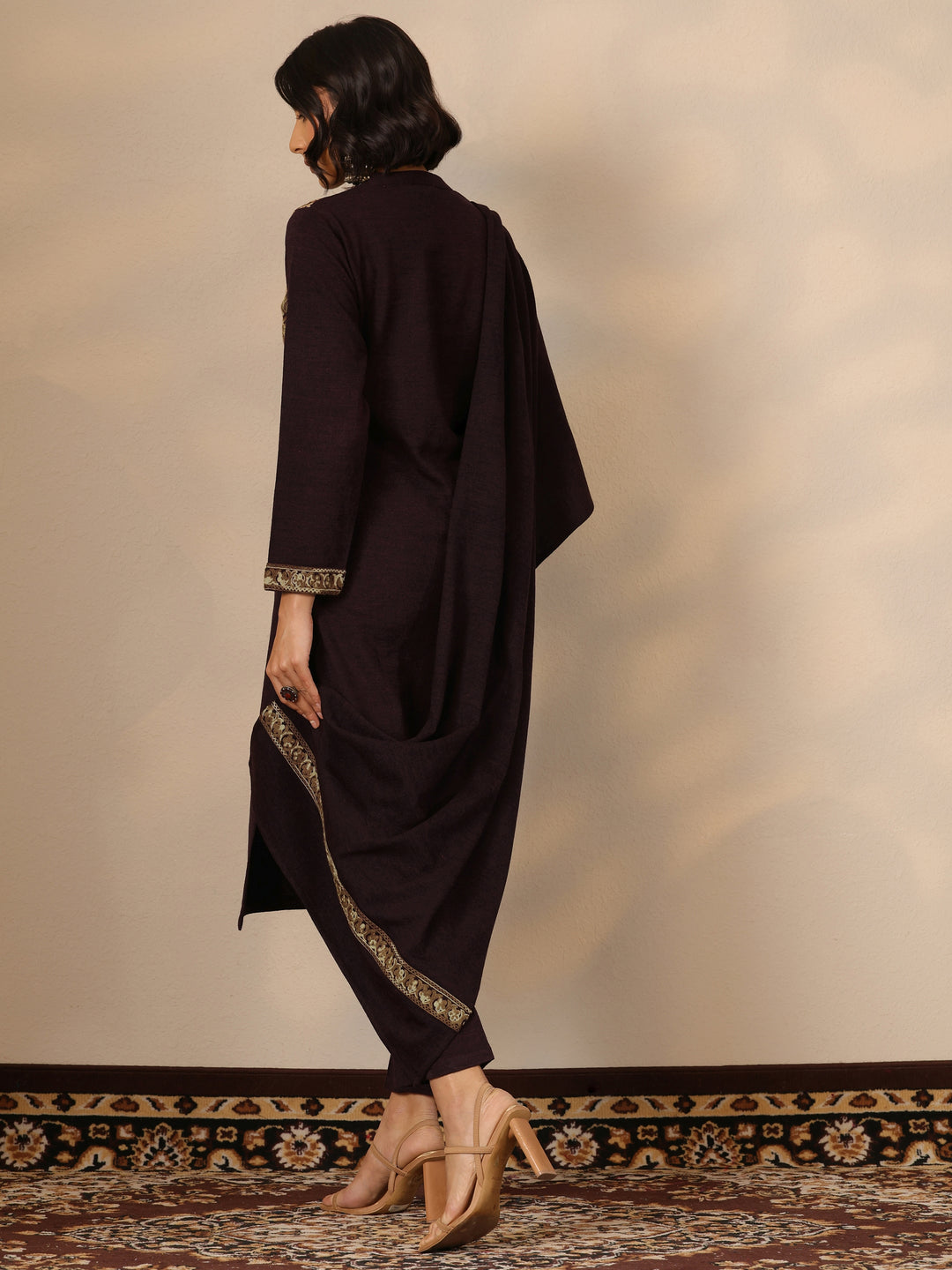 Burgundy Embroidered Wool Straight Suit Set With Dupatta